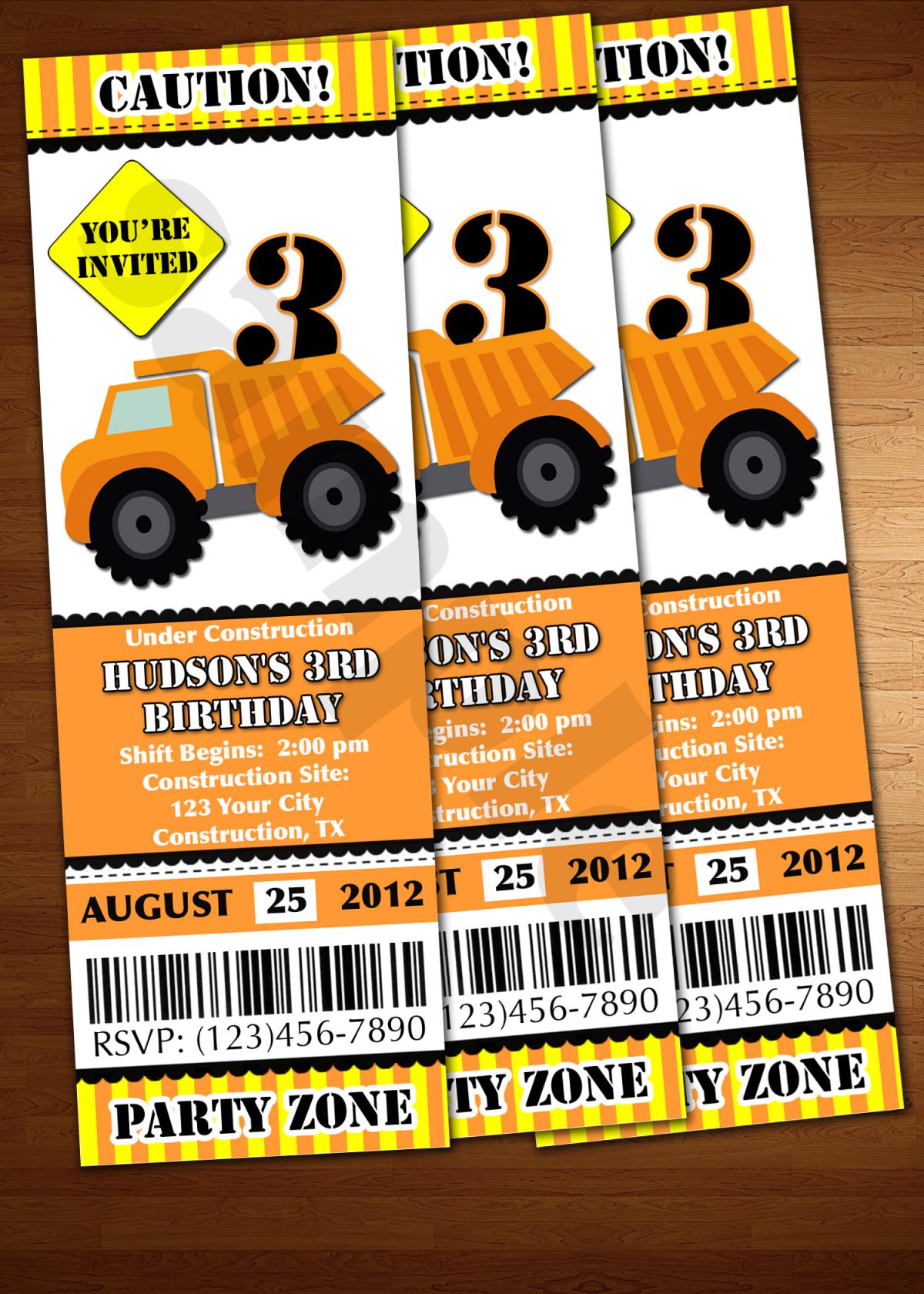 Construction Invitation Ticket Invite Dump Truck Printable Diy